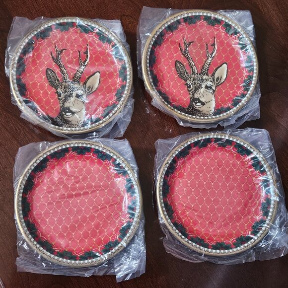 RARE 4 NIB HALCYON DAYS GORDON CASTLE ANTLER TRELLIS BAR DRINK CERAMIC COASTERS